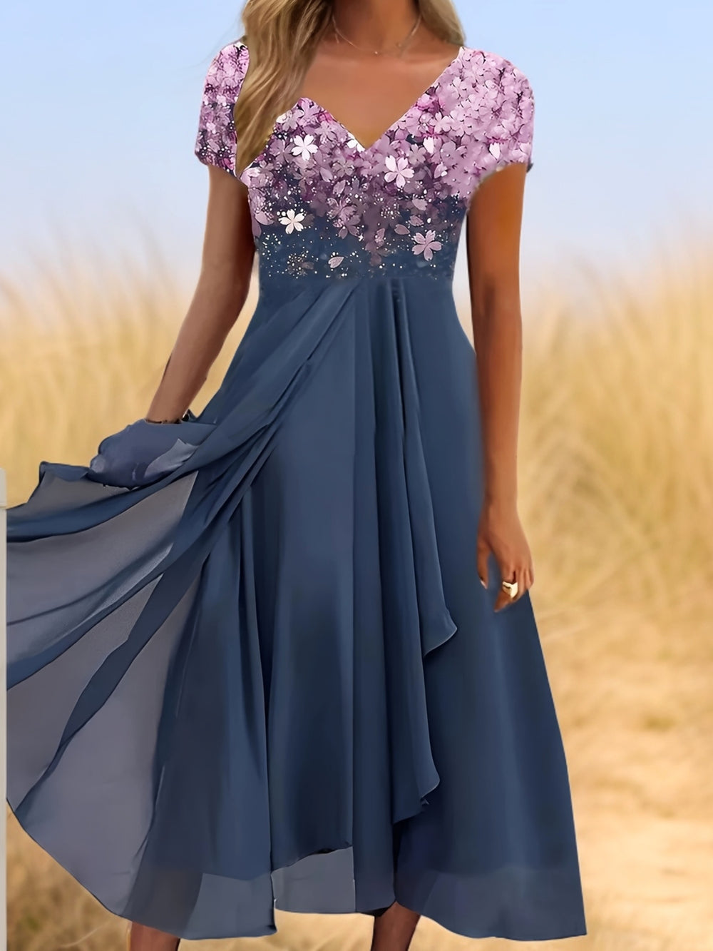 Elegant V-Neck Floral Bodice Maxi Dress