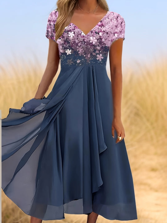 Elegant V-Neck Floral Bodice Maxi Dress