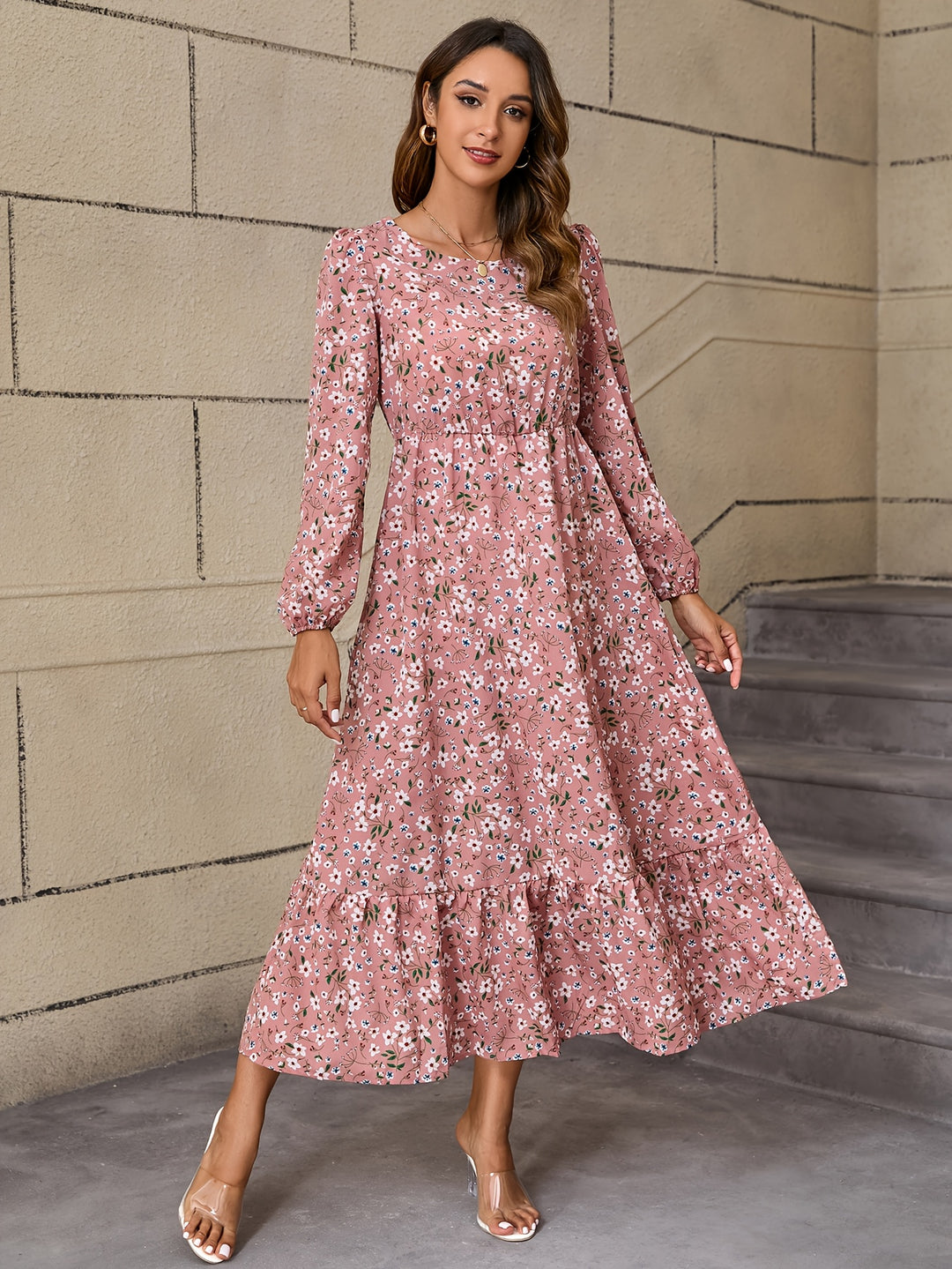 Long Sleeve Floral Print Maxi Dress with Ruffle Hem