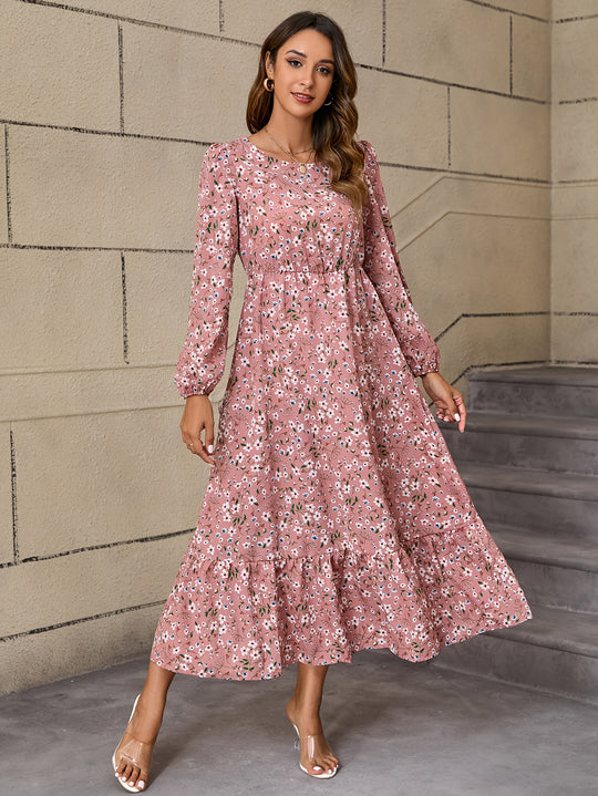 Long Sleeve Floral Print Maxi Dress with Ruffle Hem