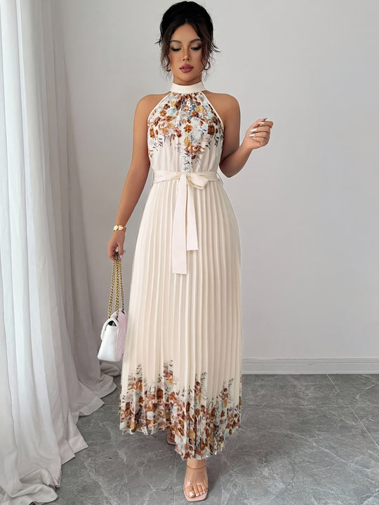 Halter Neck Floral Pleated Boho Dress