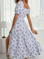 Romantic Floral Puff Sleeve Split Maxi Dress