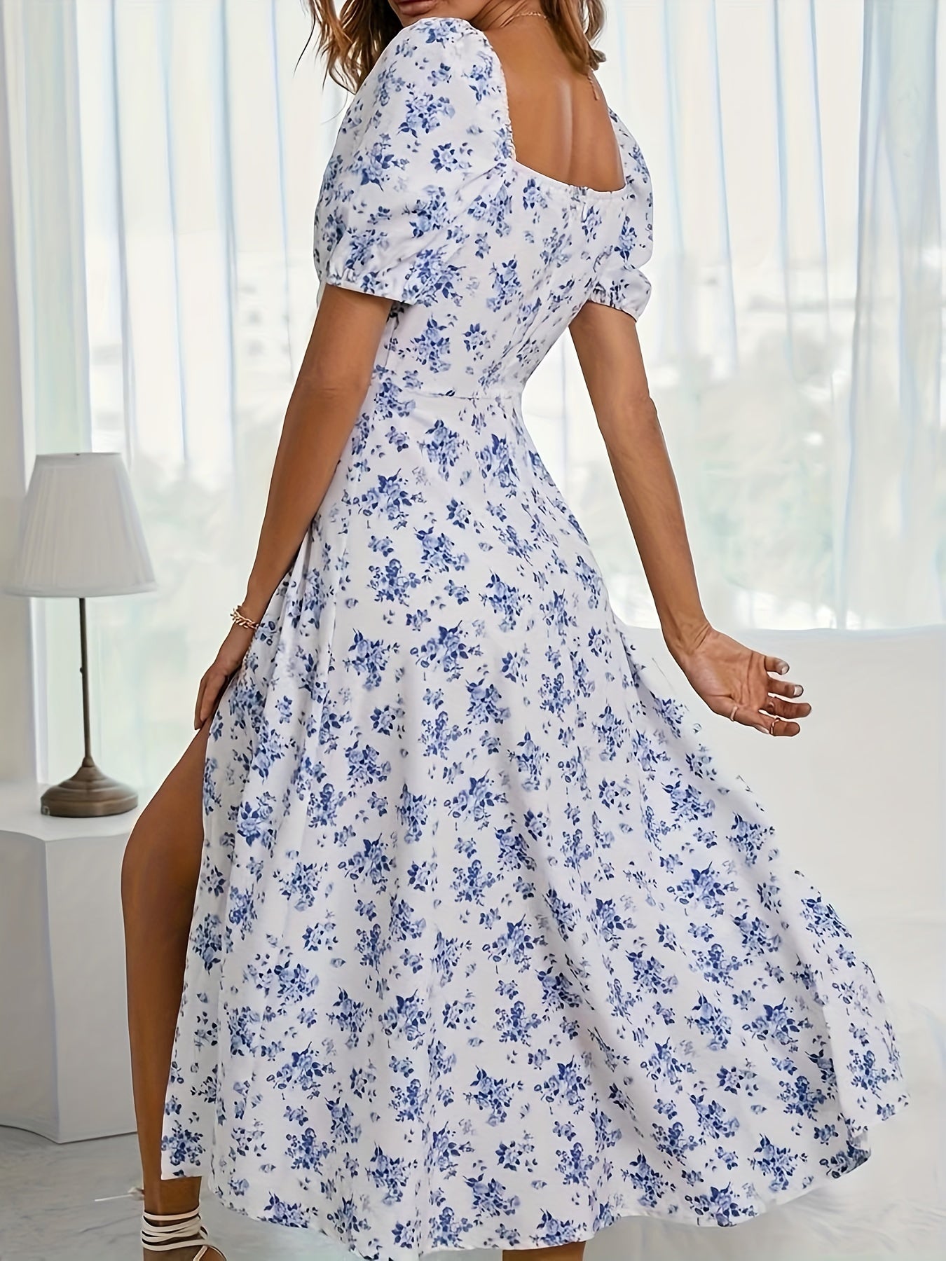 Romantic Floral Puff Sleeve Split Maxi Dress