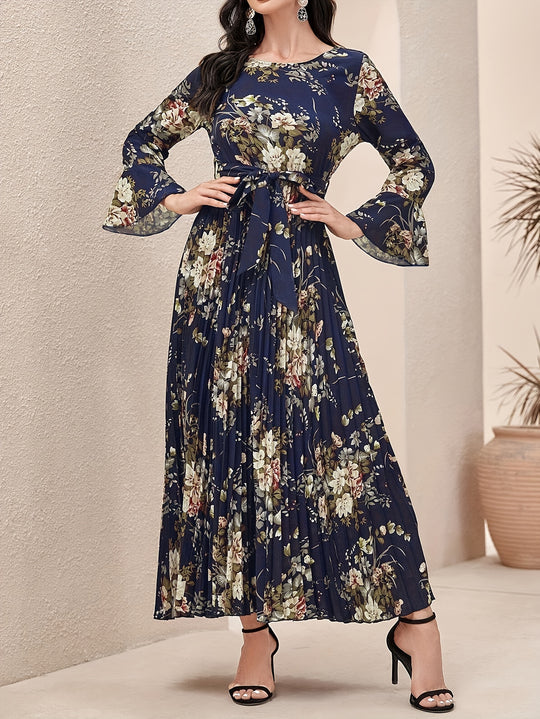Elegant Floral Pleated Long Sleeve Maxi Dress