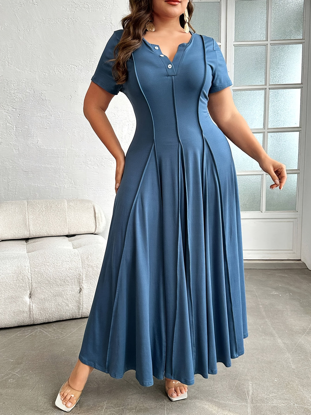 Button-Front Short Sleeve Paneled Maxi Dress - Plus Size
