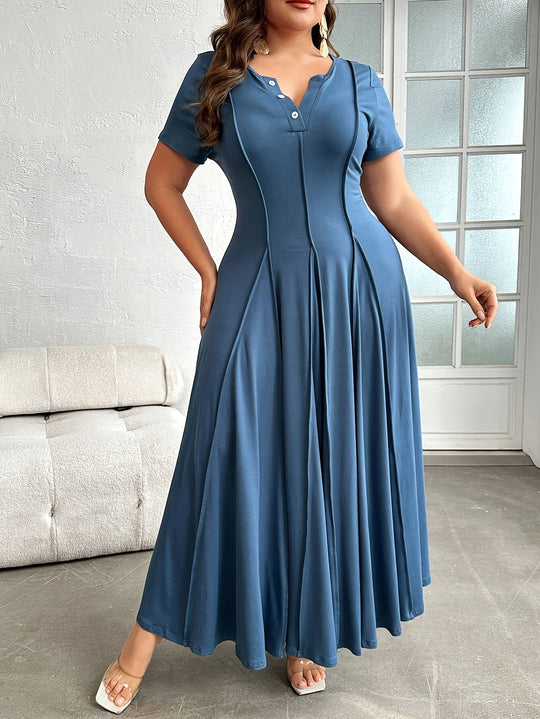 Button-Front Short Sleeve Paneled Maxi Dress - Plus Size