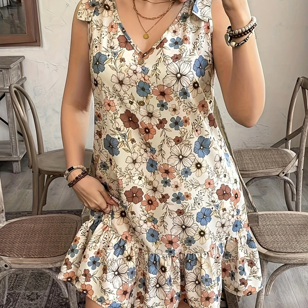 Boho Floral Print Tie Shoulder Dress