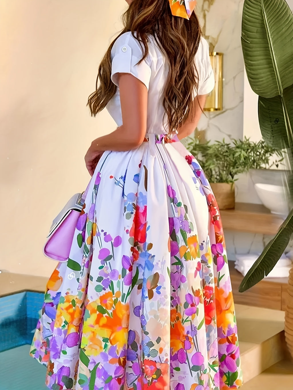 Casual Short Sleeve Contrast Floral Maxi Dress