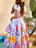 Casual Short Sleeve Contrast Floral Maxi Dress