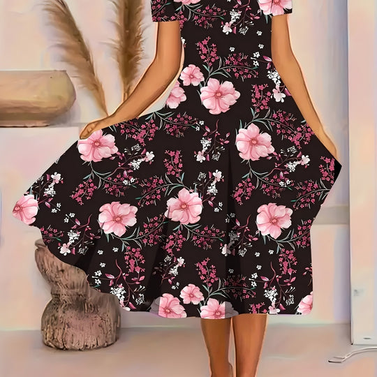 Round Neck Floral Flowy Summer Dress - Plus Size