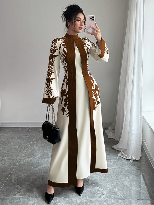 Flared Sleeve Long Floral Panel Evening Maxi Dress