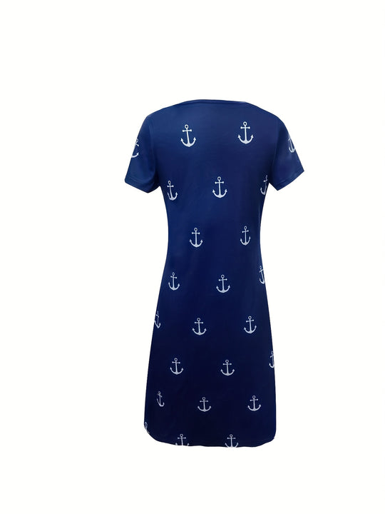 Coastal Anchor Print Scalloped Edge Flowy Summer Dress