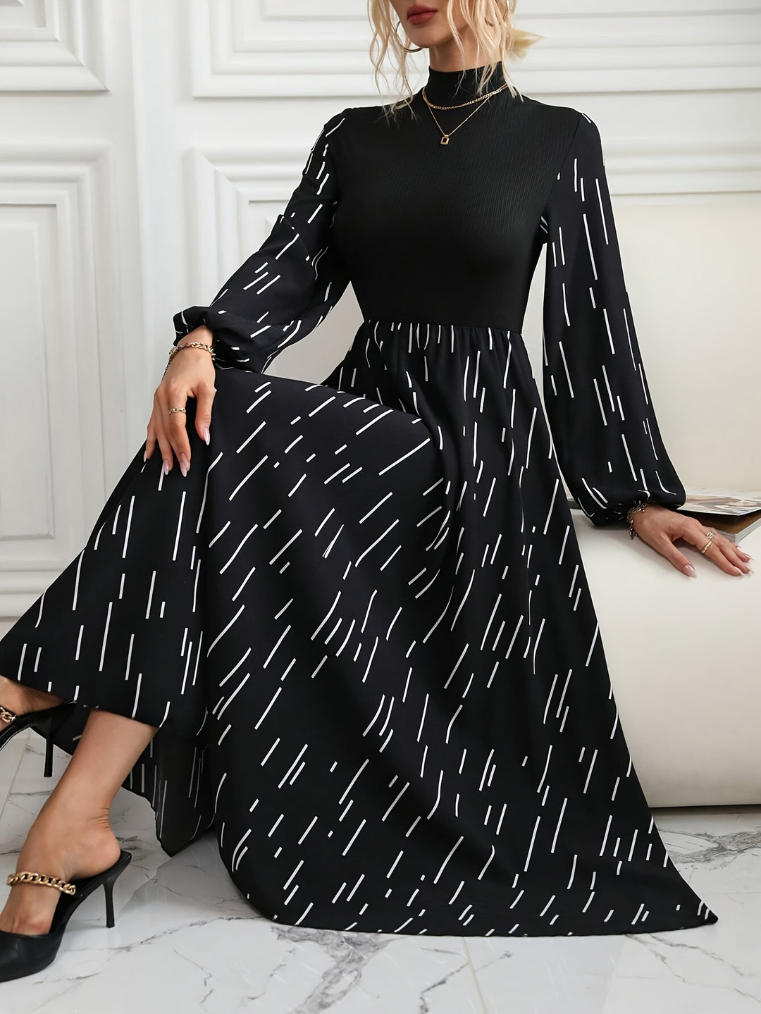 Modest Long Sleeve Linear Print Maxi Dress
