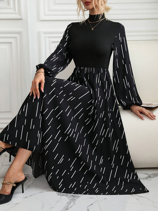 Modest Long Sleeve Linear Print Maxi Dress