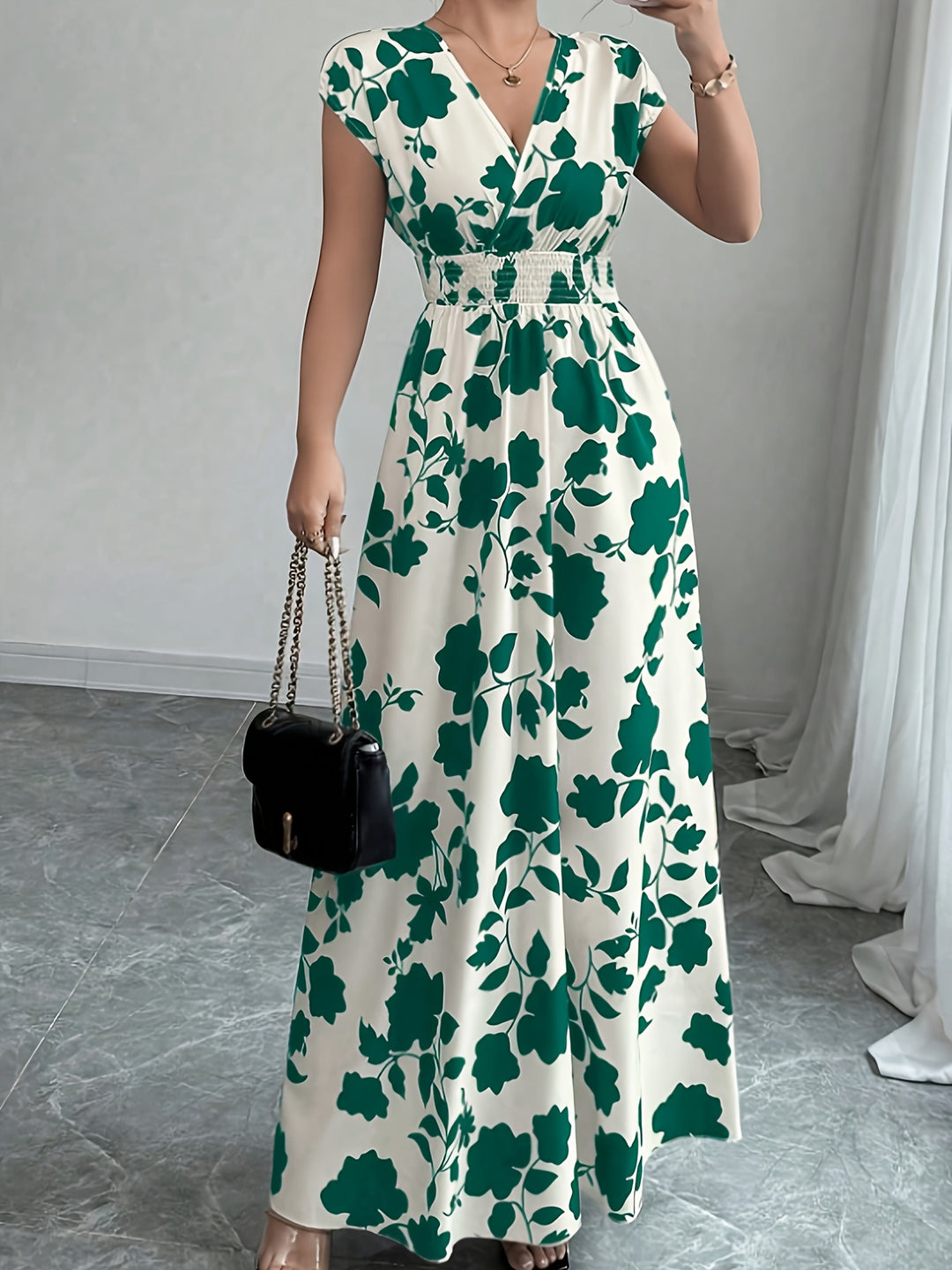 Bohemian V-Neck Smocked Waist Maxi Dress