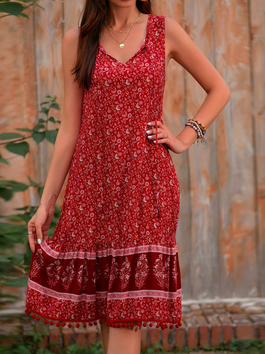 Bohemian Floral Pom-Pom Trim Midi Dress