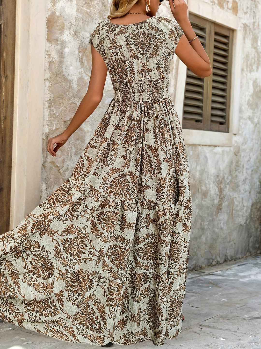 Bohemian Damask Print Smocked Maxi Dress