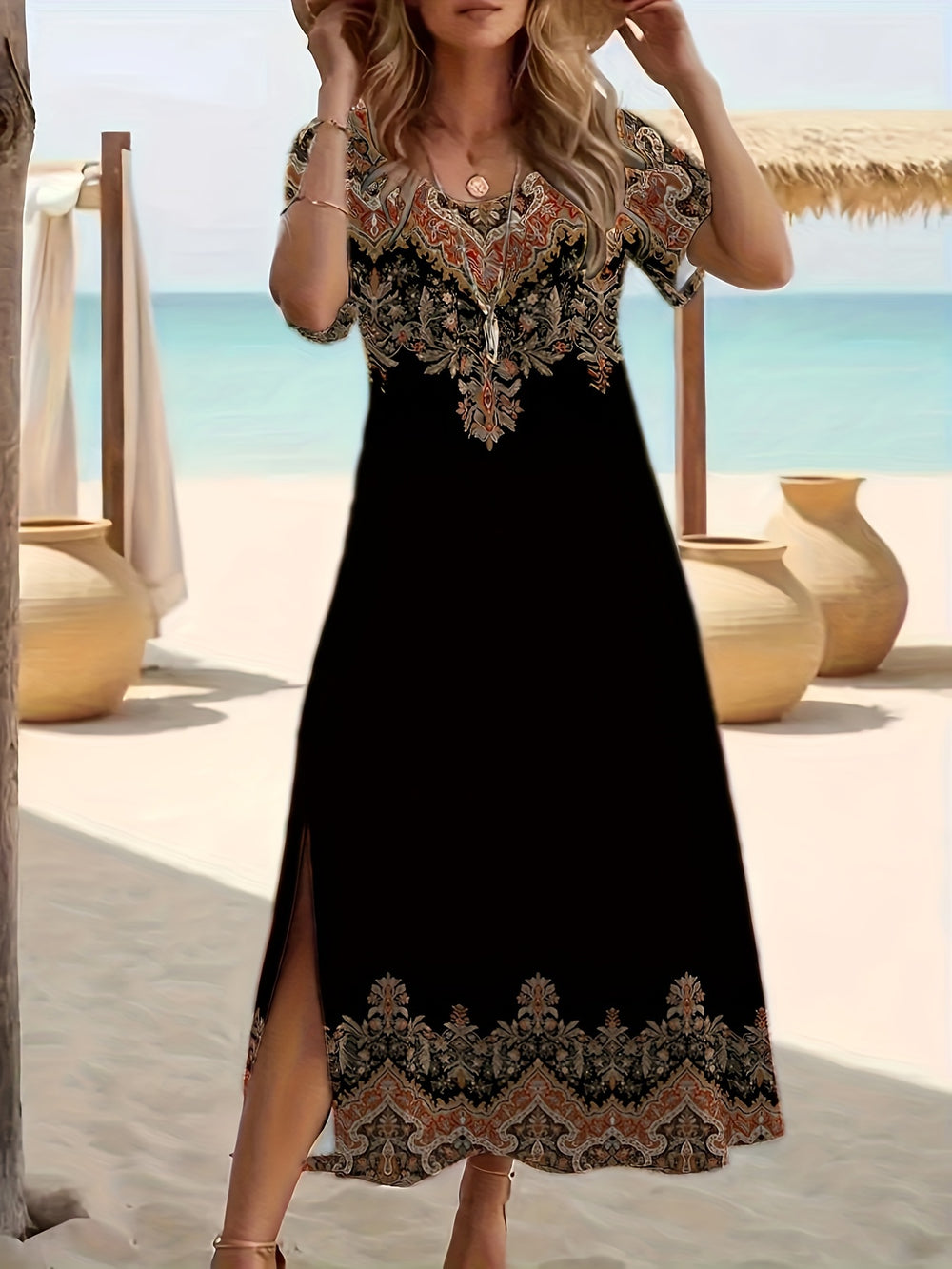 Boho Short Sleeve Ornate Print Maxi Dress