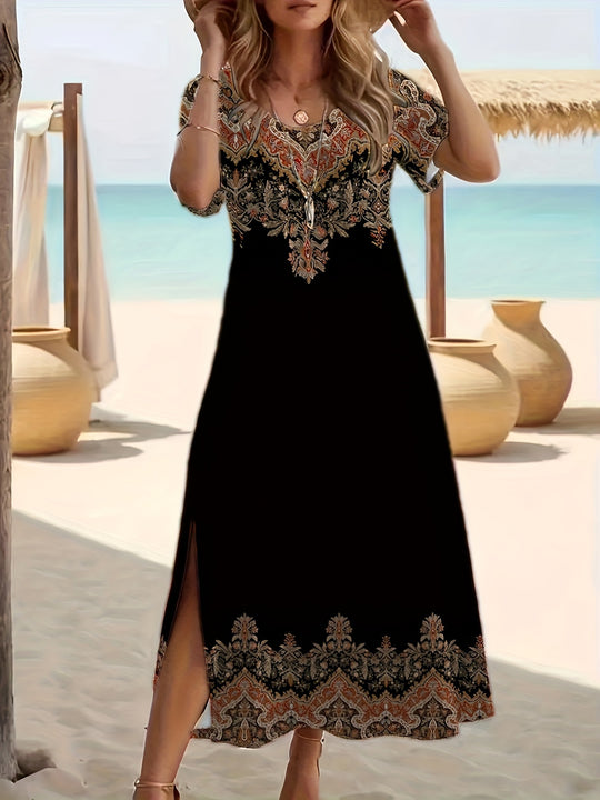 Boho Short Sleeve Ornate Print Maxi Dress