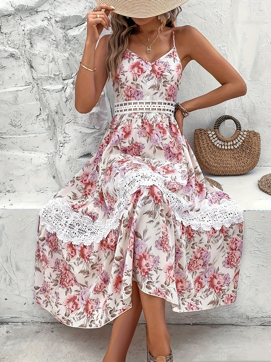 Floral Crochet Lace Trim Midi Dress