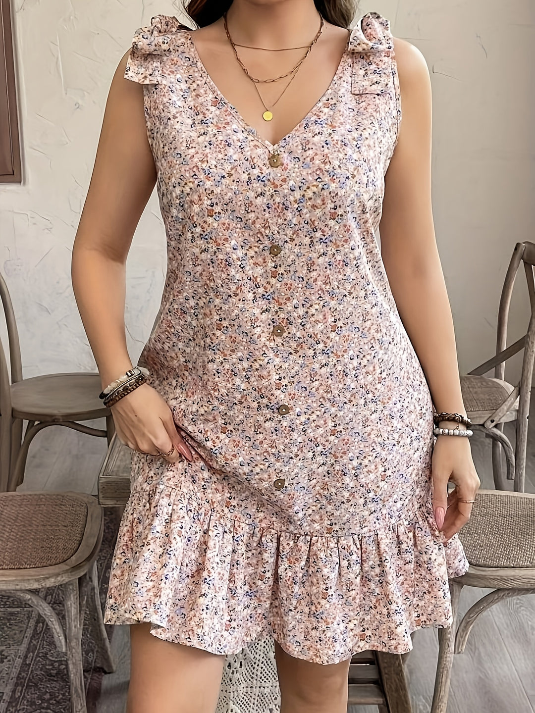 Boho Floral Print Tie Shoulder Dress