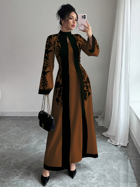 Flared Sleeve Long Floral Panel Evening Maxi Dress