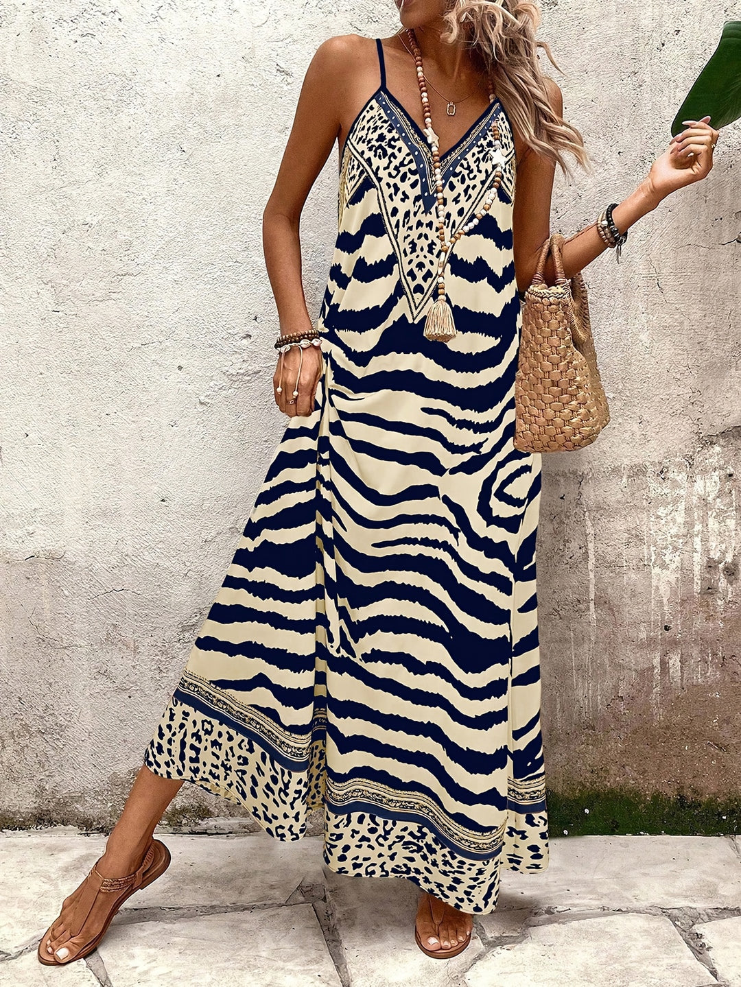 Casual Zebra Stripe Spaghetti Strap Maxi