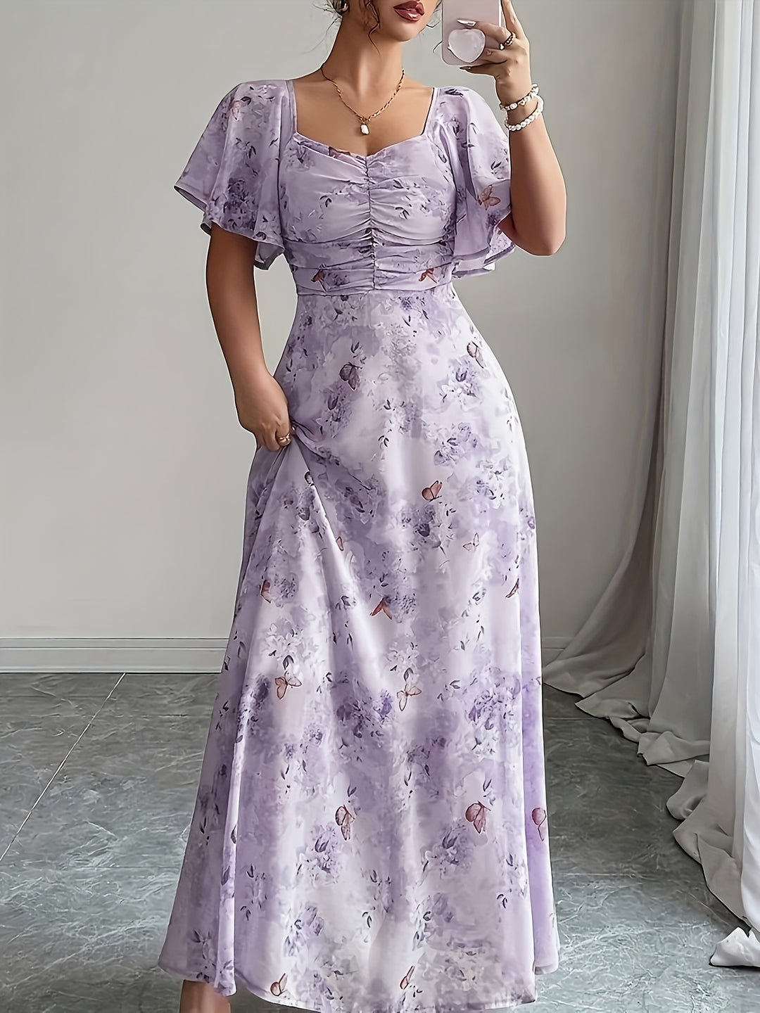 Elegant Sweetheart Neck Floral Maxi Dress