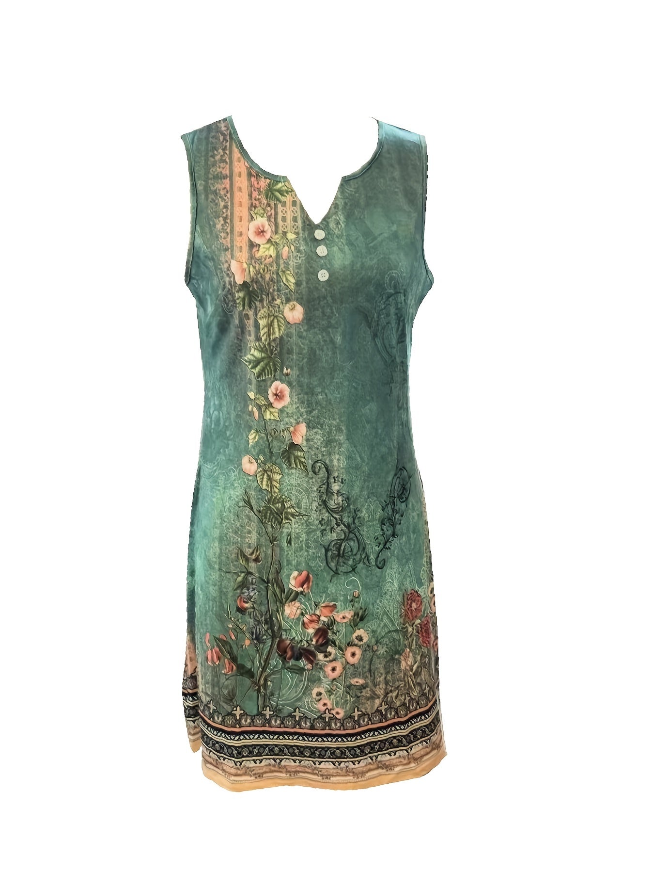Vintage Floral V-Neck Button Shift Dress