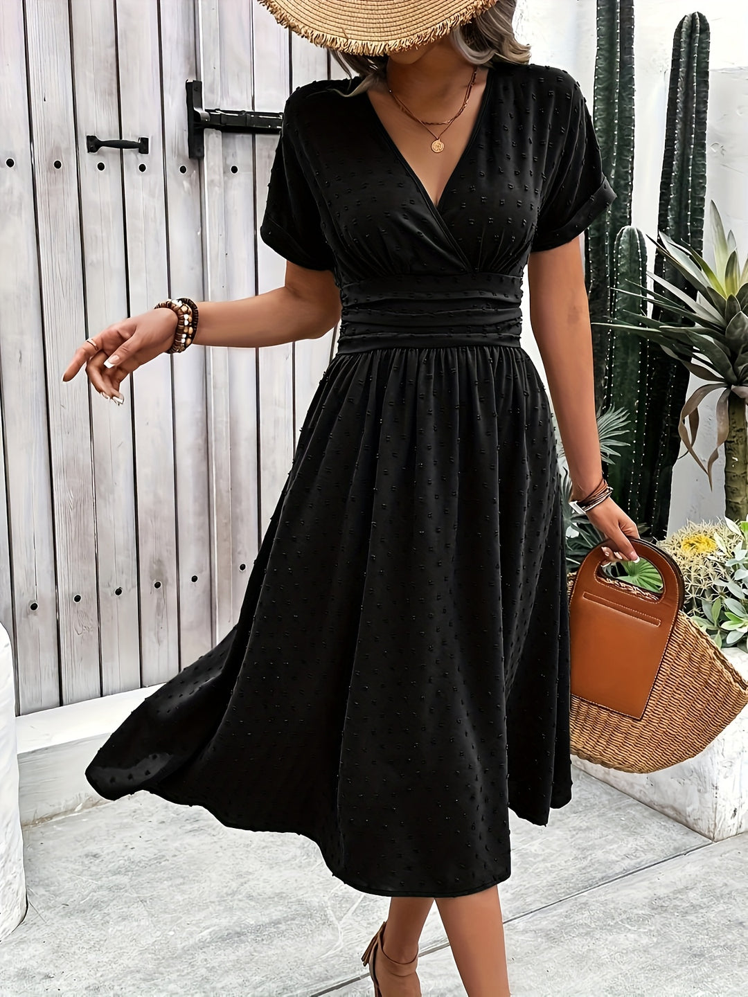 Casual Swiss Dot V-Neck Midi Dress