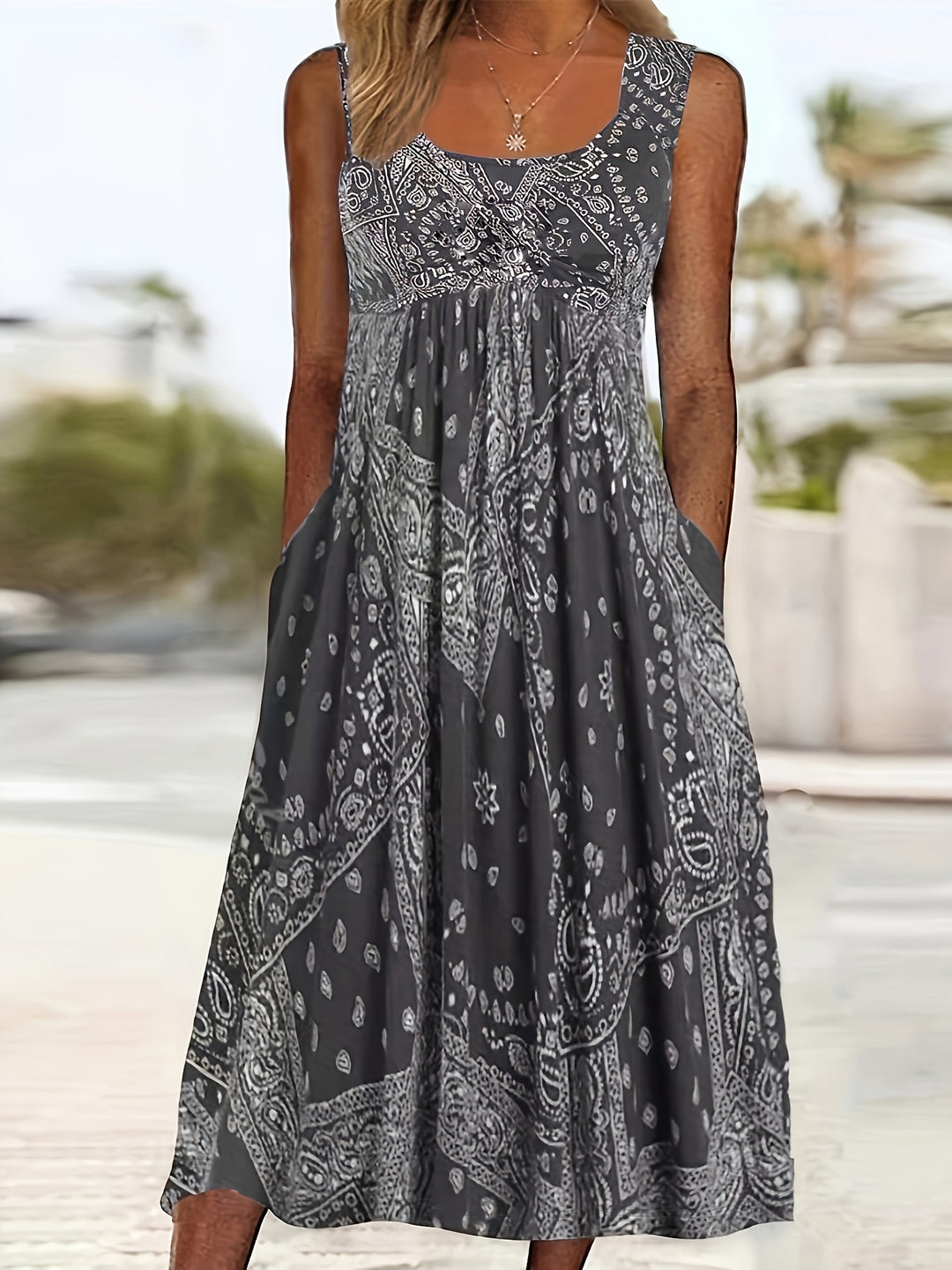 Sleeveless Bandana Print Casual Midi Dress with Pockets