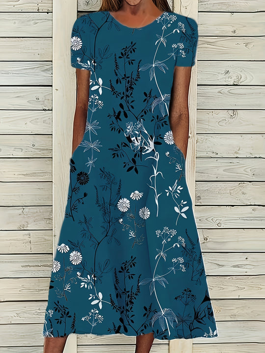 Floral Motif Short Sleeve Flowy Dress