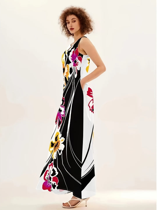 Abstract Floral Print Sleeveless Long Dress