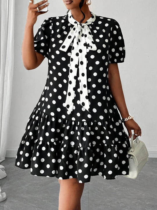 Plus Size Tie Neck Polka Dot Tiered Bohemian Dress