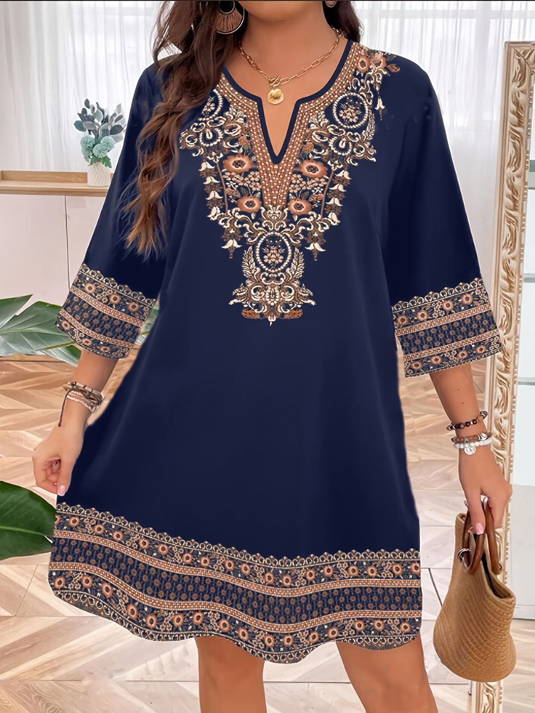 Bohemian Earthy Motif Relaxed Fit Summer Dress - Plus Size