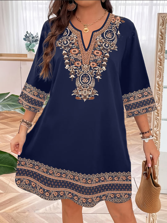Bohemian Earthy Motif Relaxed Fit Summer Dress - Plus Size