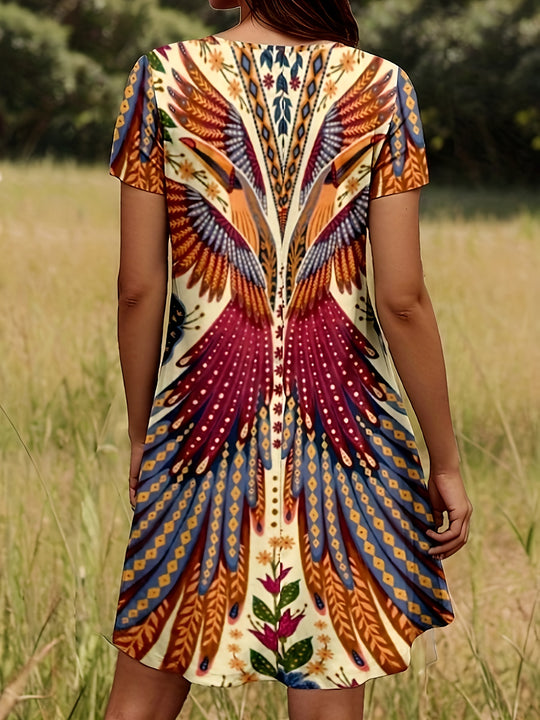 V-Neck Bohemian Wing Print Mini Dress