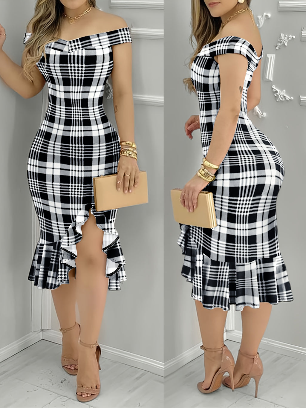 Off-The-Shoulder Ruffle Hem Dress