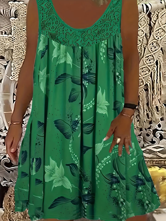 Plus Size Floral Lace Trim Sleeveless Bohemian Dress