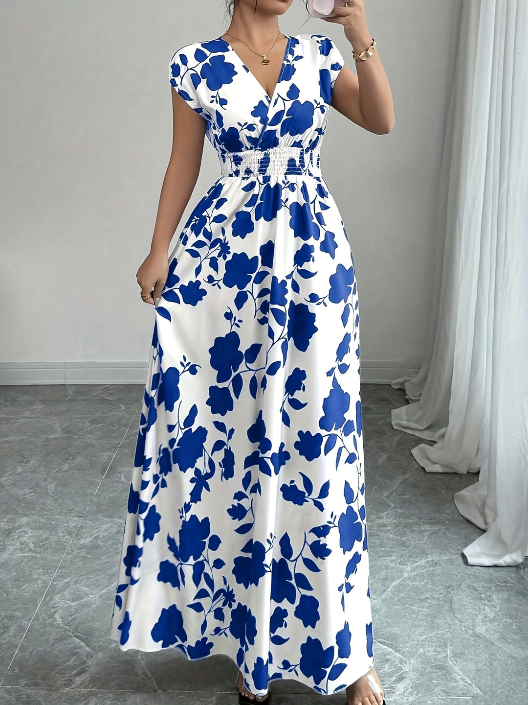 Bohemian V-Neck Smocked Waist Maxi Dress