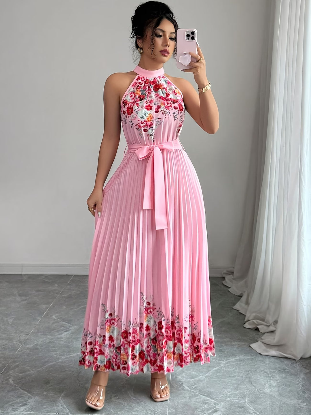 Halter Neck Floral Pleated Boho Dress