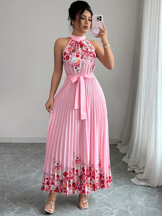 Halter Neck Floral Pleated Boho Dress