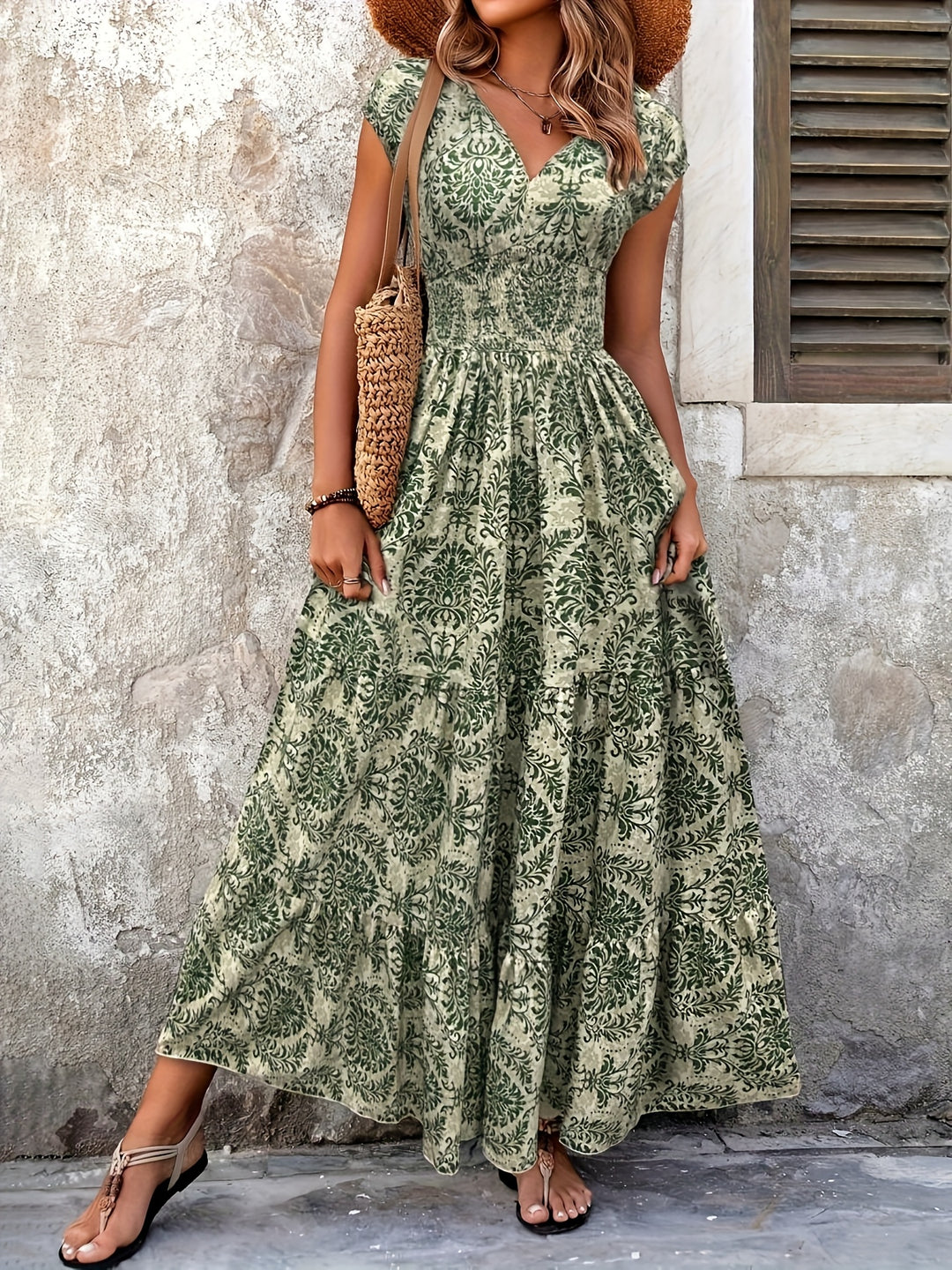 Vintage Motif V-Neck Flowy Maxi Summer Dress
