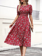 Casual Smocked Ditsy Floral Midi Dress