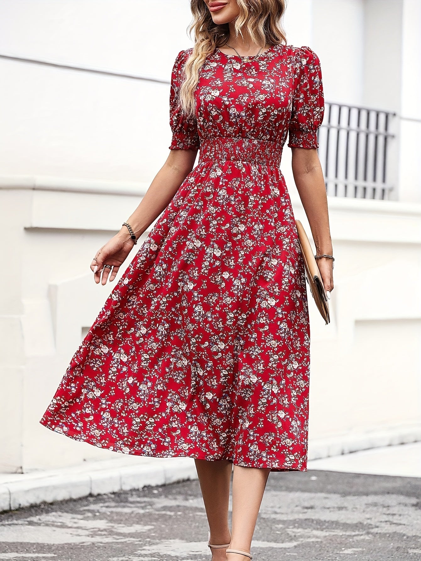 Casual Smocked Ditsy Floral Midi Dress