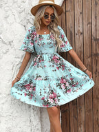 Casual Smocked Bodice Floral Flared Dress