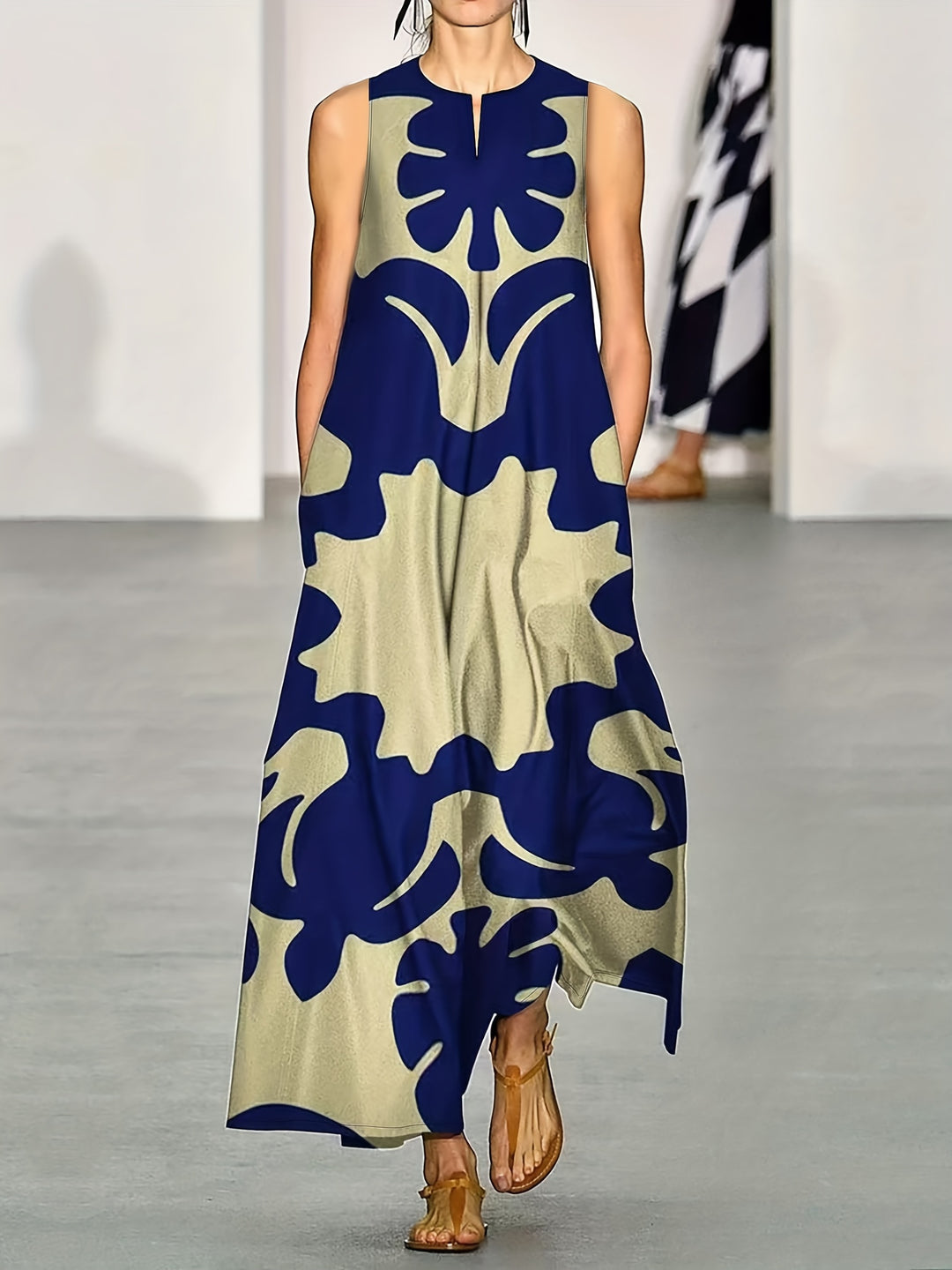 Sleeveless Abstract Print Flowy Boho Maxi Dress