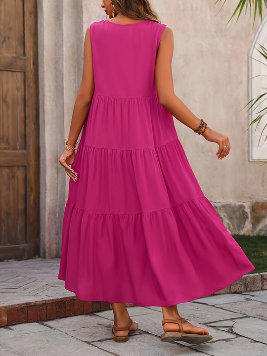 Solid Tiered Sleeveless Bohemian Summer Dress