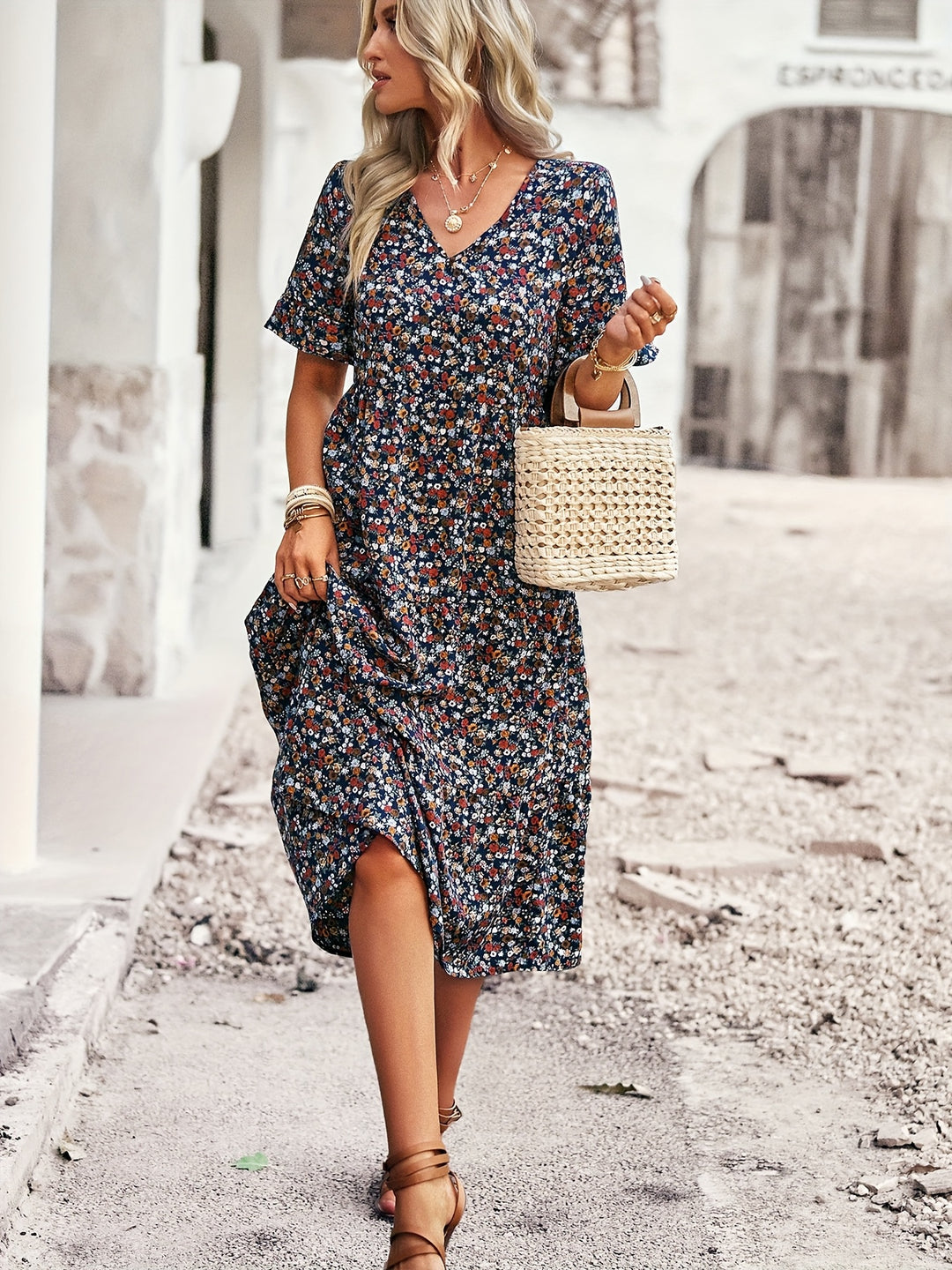 Ditsy Floral Print Empire Waist Summer Dress - Plus Size
