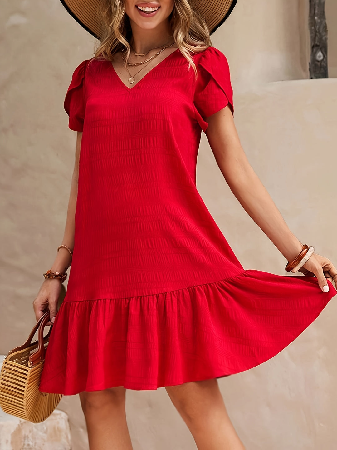Short Sleeve Ruffle Hem Mini Dress